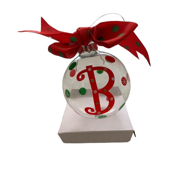 Christmas Glass Ornament Clear Red Christmas Bow Letter "B" Old Time Pottery NEW - Picture 3 of 8